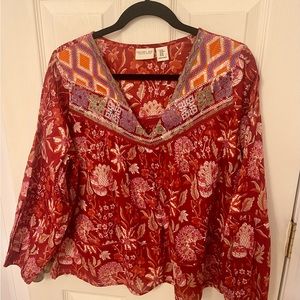 Rachel Zoe Red Floral BOHO Top Embroidered Long Sleeve Shirt Blouse Oversized M